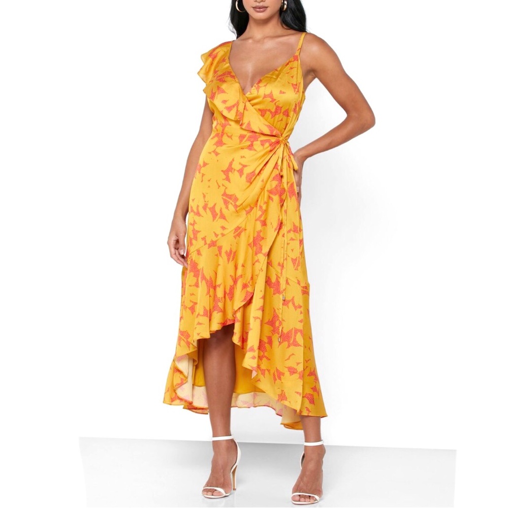 Ted Baker London Saraaa Ruffle Wrap Midi Dress Marigold Yellow Pink US Sz 12 NWT